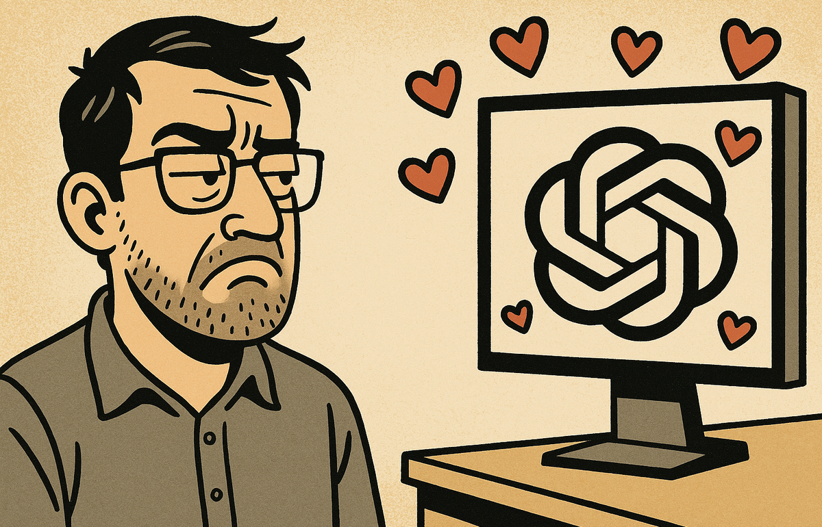 A comic-style drawing of a man looking exasperated at a computer screen showing the ChatGPT logo surrounded by hearts.