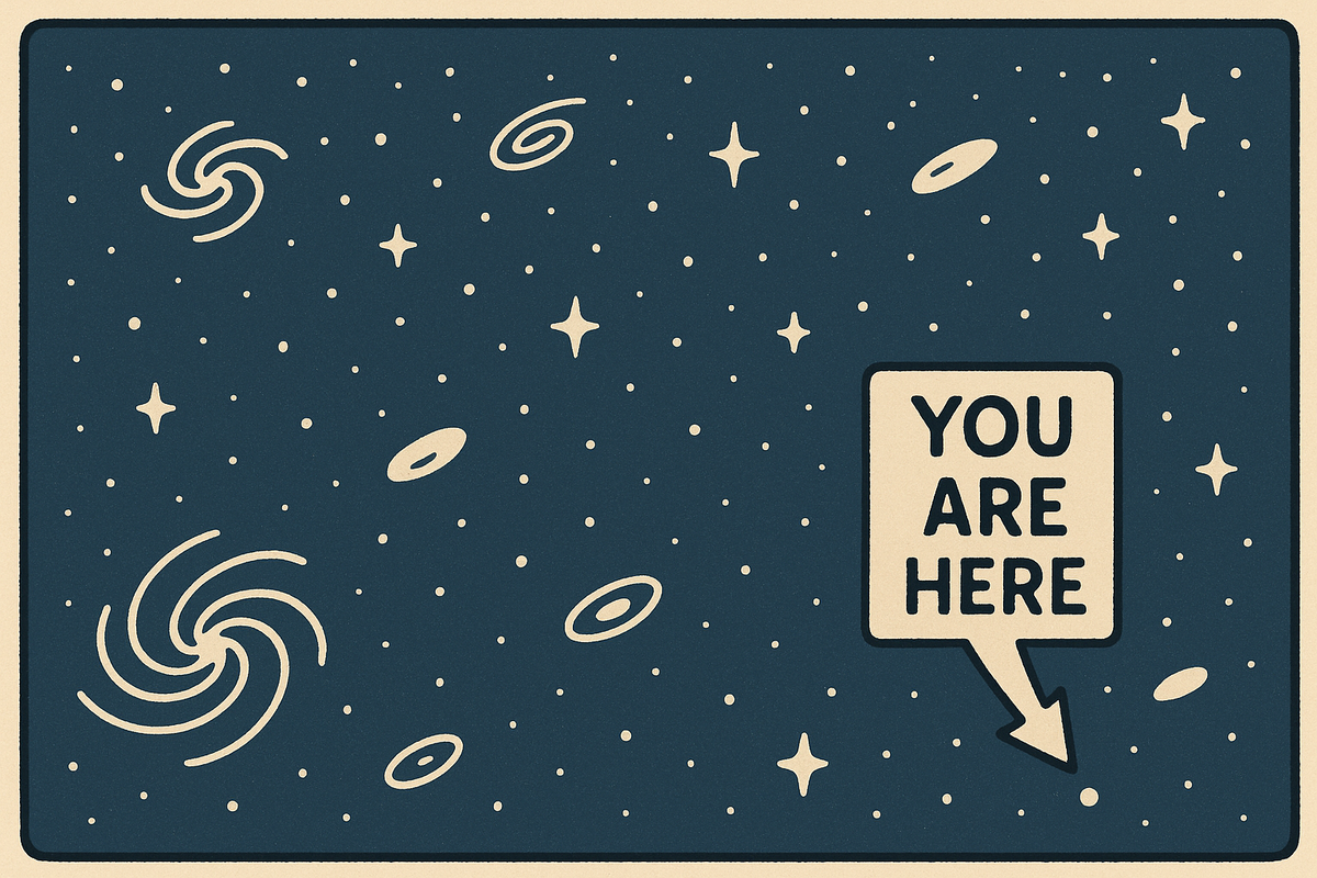 An AI generated cartoon of the universe (a lots of dots for stars and swirles for galaxies) and then a sign point at a dot saying 'you are here'.